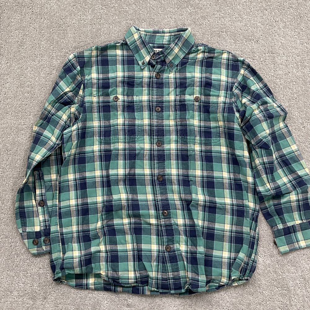 Duluth Shirt Mens Medium Green Blue Plaid Flannel Classic Cotton Classic Work